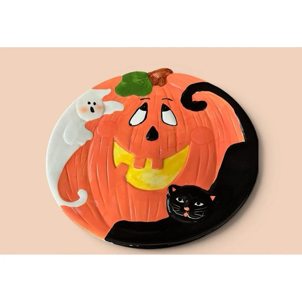 Halloween Jack-O-Lantern Ghost Black Cat Multicolor Dinner Snack Canape Plates 2